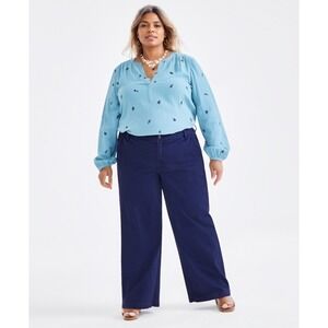 Style & Co Pants Womens Plus 24W Blue High Rise Wide Leg Slimming Pocket Trouser